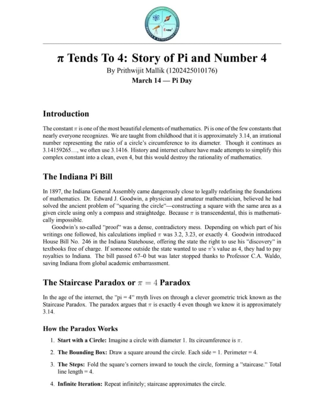 π Tends To 4: Story of Pi and Number 4